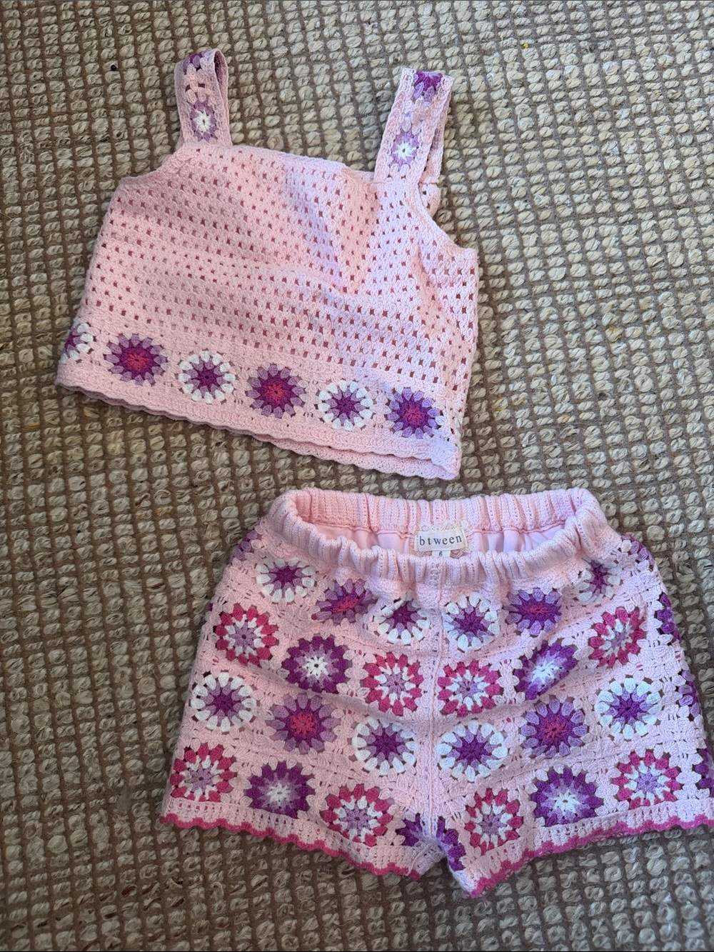 btween Pink Crochet Tank Top and Floral Accent Shorts Set
